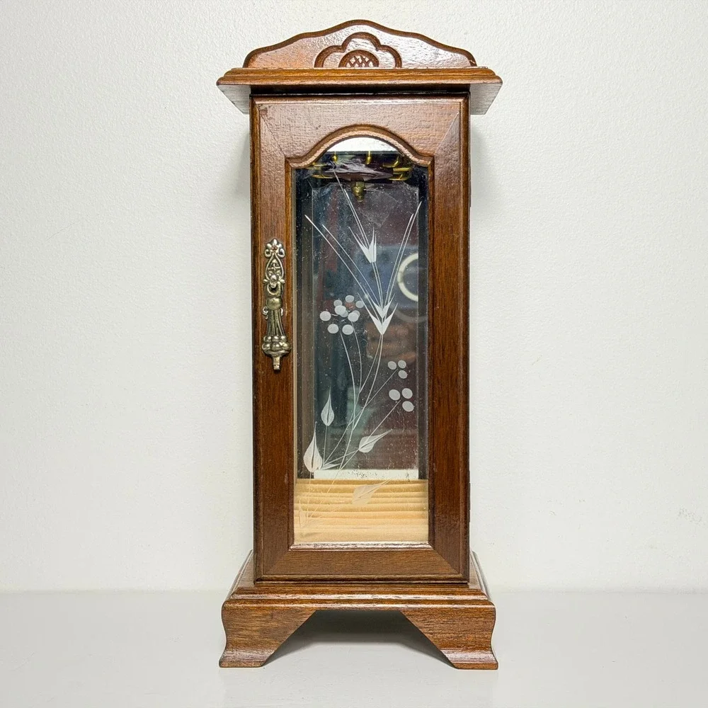 Vintage Wood Jewelry Cabinet Necklace Carousel Etched Glass Mirrored Ring Holder